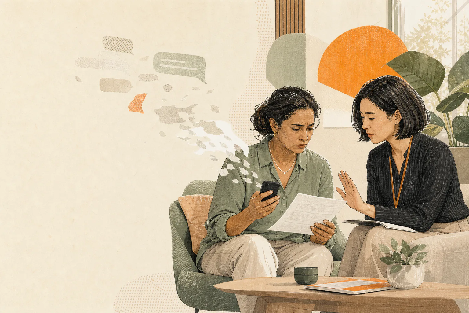 Editorial illustration of a concerned customer reviewing her phone and paperwork during a calm financial-services conversation.